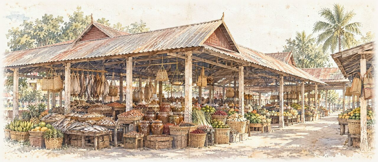 Watercolor of rice sacks, fish sauce bottles, lemongrass and baskets of tropical fruit in a grocery
