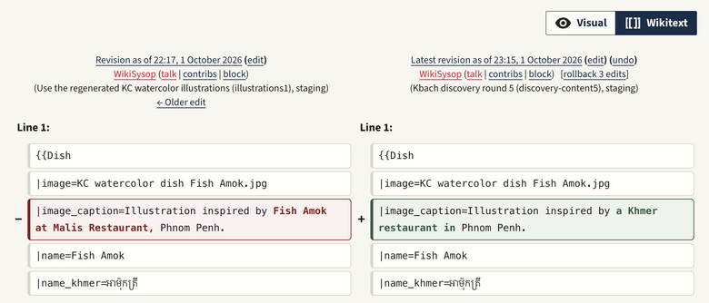 A diff of Fish Amok: on the left, the removed caption text "Fish Amok at Malis Restaurant," is highlighted in red; on the right, the added text "a Khmer restaurant in" is highlighted in green.
