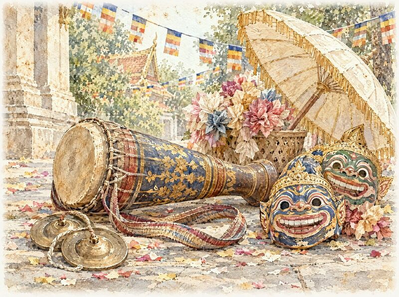 A long chhayam drum, cymbals and festive comic masks laid out for a procession