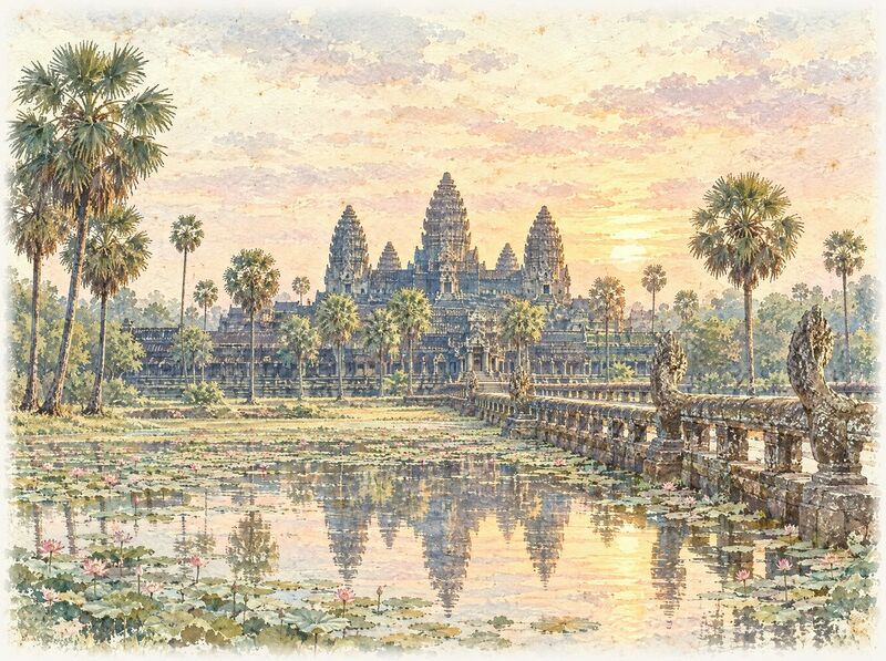 The five towers of Angkor Wat reflected in a pool at sunrise