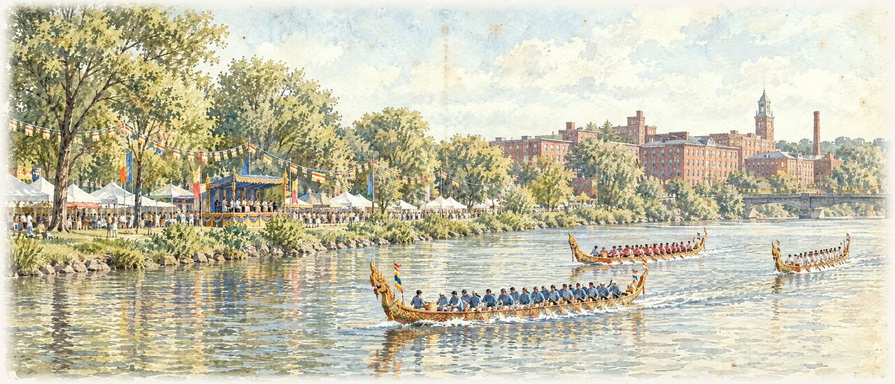 Watercolor of a festival ground at golden hour with lanterns, a small stage, food tents and a decorated boat prow